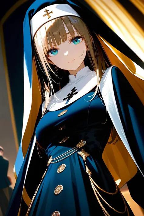 Nun Characters, 1girl, smile, closed mouth, tareme, Pink eye, Black and white clothing, blonde hair, shiny hair, Depth of field, hdr, 8k, cinematic angle, cinematic lighting, [(vivid color background:0.9)::0.4], (Gradient Background:0.9), (illustration, incredibly absurdres:0.95), ultra detailed, masterpiece, best quality, [<lora:detailed_notrigger:1.15>::0.5], [:<lora:detailed_hands:1>:0.5],