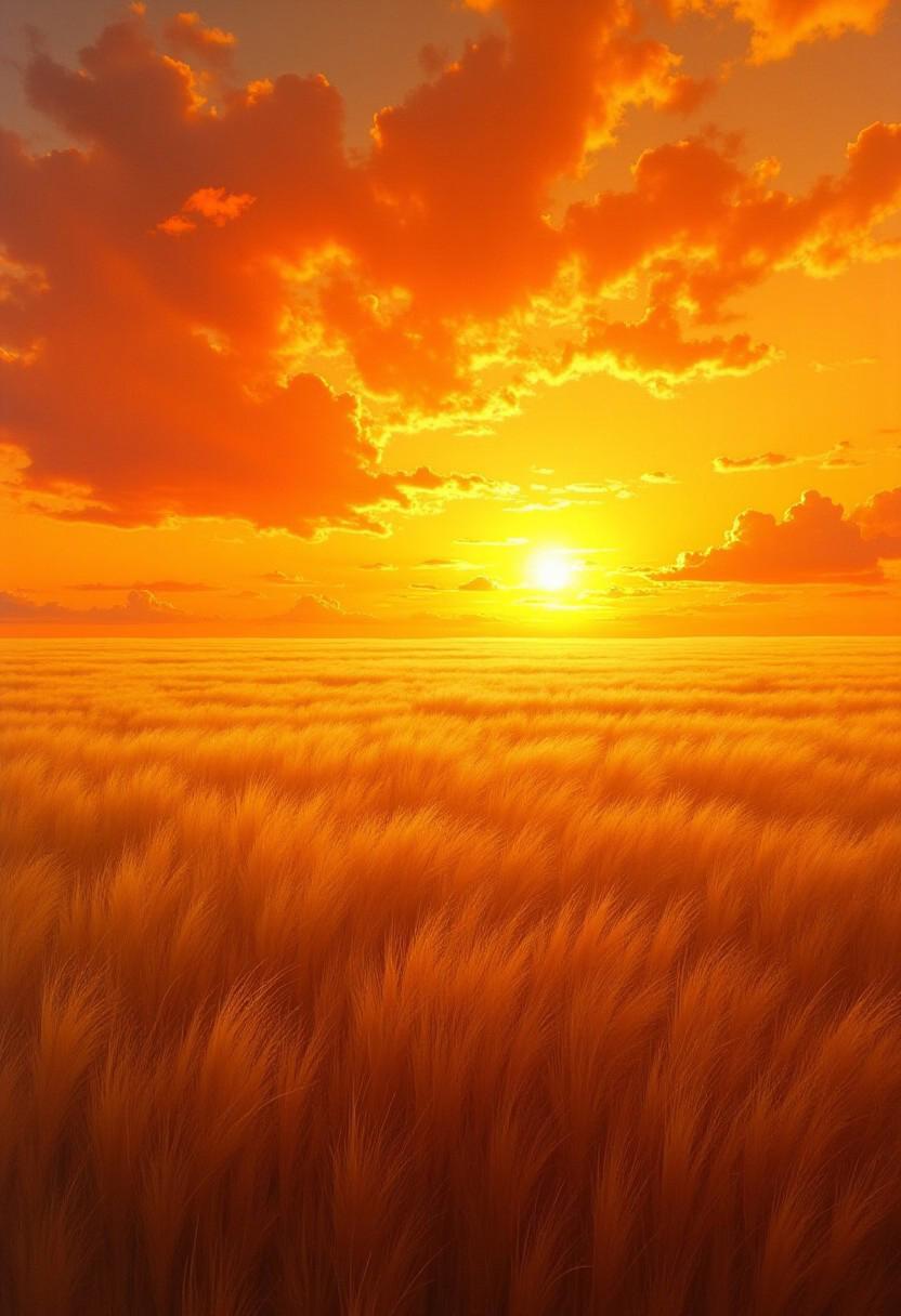 A close up of a field of wheat with the sun setting in the background ...