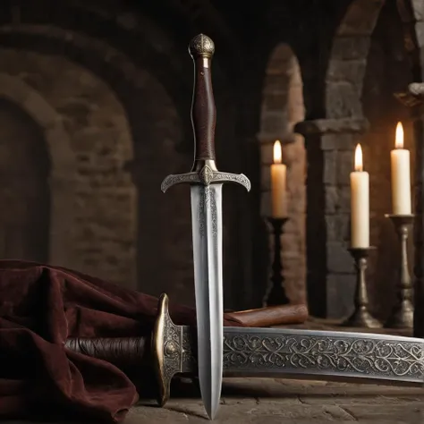 cinematic still item,medival,<lora:DonM1uth3rXL:0.4>,middle ages,<lora:Medieval_Memories:0.7>,solid background,dagger, . emotional, harmonious, vignette, highly detailed, high budget, bokeh, cinemascope, moody, epic, gorgeous, film grain, grainy