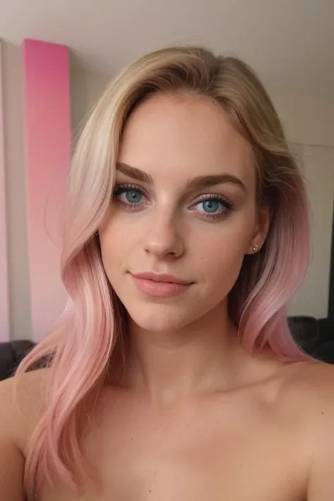 taken with iphone camera BREAK medium shot selfie of a pretty young woman BREAK (ombre:1.3) blonde pink BREAK film grain, medium quality