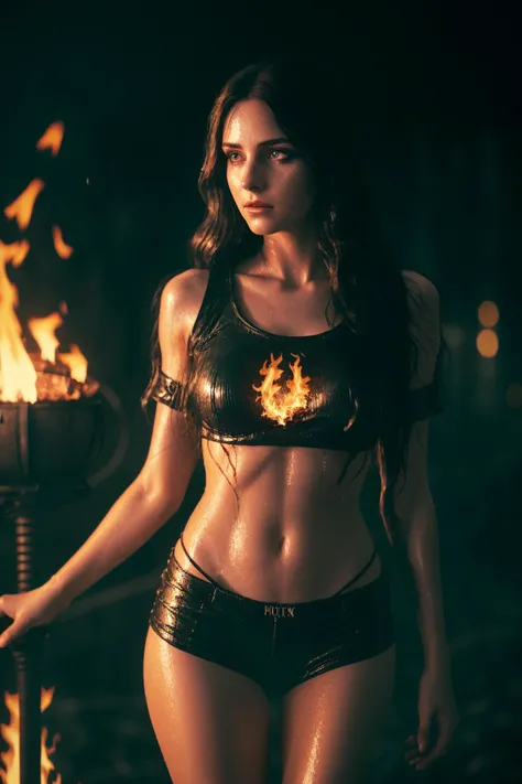 a medium shot photo of a demonic sorceress conjuring fire in a burning and destroyed gotham, protruding bones, detailed eyes, in a (T-shirt) wet from the (radioactive rain), woman with long hairs and detailed alluring eyes Thigh gap long sexy legs wearing tiny shorts mist, all wet, raining and burning, best quality masterpiece, photorealistic, detailed, 8k, HDR, shallow depth of field, broad light, high contrast, backlighting, bloom, light sparkles, flares, chromatic aberration, sharp focus, RAW color photo, modelshoot style, cinematic pallet, cyan and orangepallet