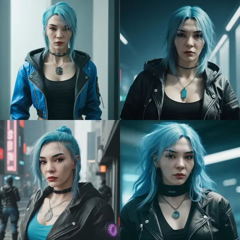 <lora:ebrusahin:1> woman, blue hair, cyberpunk thug