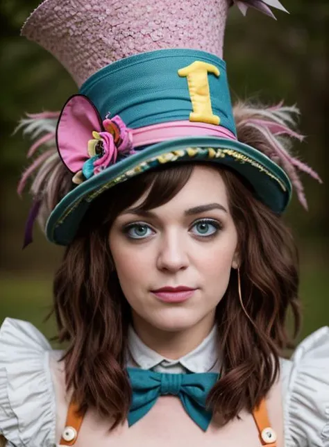 TessaFowler <lora:TessaFowler-v15-byShurik:1>clean skin
upper body
In this captivating close-up, we delve into the captivating realm of cosplay as the eccentric and charismatic Mad Hatter from Alice in Wonderland. (Best quality: 1.3) The subject's transformation is extraordinary, with a flamboyant ensemble that perfectly embodies the character's quirkiness and flair. (Detailed: 1.2) From the elaborate top hat adorned with ribbons and trinkets to the mismatched layers of colorful fabrics, every detail of the costume is meticulously crafted to capture the essence of the Mad Hatter's unconventional style. (Close-up expression: 1.3) With a mischievous twinkle in her eyes and a playful smirk on her lips, she fully embraces the character's eccentricity and unpredictability. The background is adorned with whimsical decorations and hints of Wonderland, transporting us to a world of wonder and whimsy. Through her Mad Hatter cosplay, she invites us to embrace our own uniqueness and celebrate the joy of being wonderfully different. This close-up celebrates the art of cosplay, capturing the spirit and charm of a beloved character who invites us to join the tea party of imagination and eccentricity.