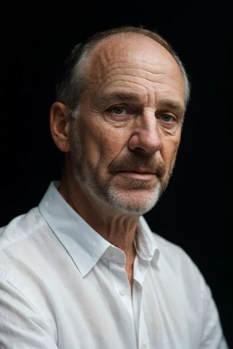 8k, raw photo, portrait, headshot, closeup, 60 year old caucasian man wearing white shirt, (dark background:1.5), natural cove lighting, (diffusion:1.1), (side lighting:1.6), (rule of thirds:1.3), (soft box:1.3)