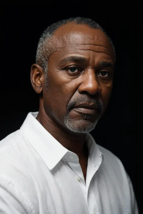 8k, raw photo, portrait, headshot, closeup, 60 year old black man wearing white shirt, (dark background:1.5), natural cove lighting, (diffusion:1.1), (side lighting:1.6), (rule of thirds:1.3), (soft box:1.3)