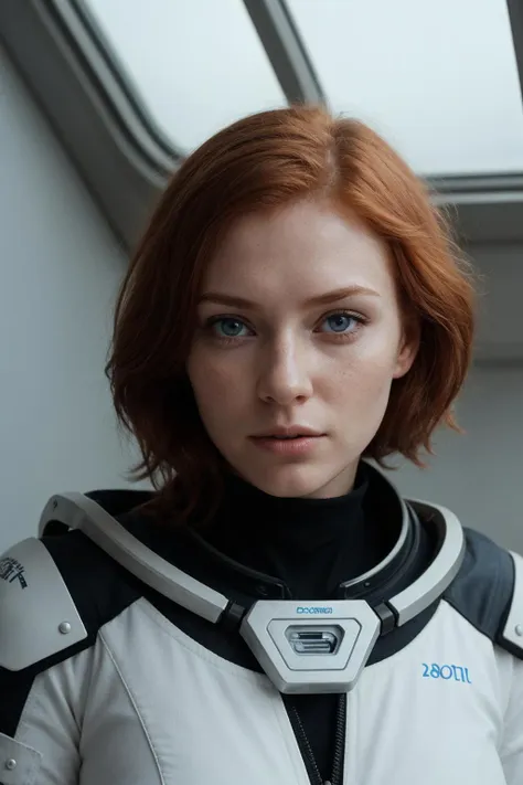 photo of a ginger woman, in space, futuristic space suit, (freckles:0.8) cute face, sci-fi, dystopian, detailed eyes, blue eyes