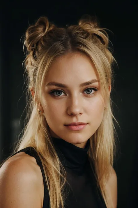 an eye contact of a blond with bun hair and dark theme