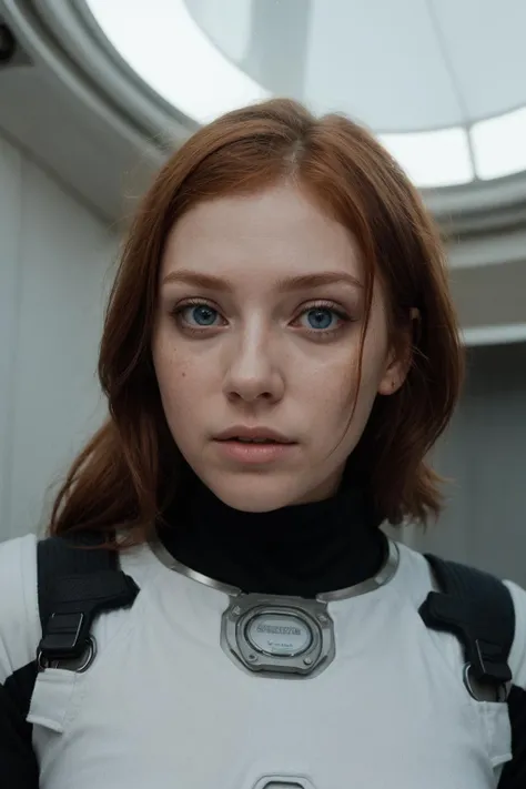 photo of a ginger woman, in space, futuristic space suit, (freckles:0.8) cute face, sci-fi, dystopian, detailed eyes, blue eyes