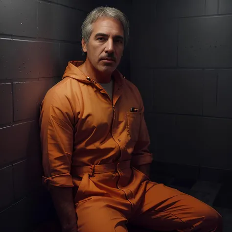 Jeffrey Epstein wearing an ((orange jumpsuit)), (((sitting in a prison cell))), iron bars, sharp focus, ((wide angle 35mm)), (atmospheric lighting), night sky, moonlight coming through window, volumetric lighting, specular lighting, moon beams, raytracing, subsurface scattering, raycast, prison grounds background, eyes looking at camera, sharp focus, extreme focus, super detailed focus, extreme bokeh, night sky, ambient light, volumetric lighting, raytracing, reflection, refraction, subsurface scattering, raycast, raycasting, moon beams, hdr, sharp focus, extreme focus, super detailed focus, dof, extreme dof, bokeh, extreme bokeh, high quality, highest quality, 8k, 16k, photorealistic, photoreal