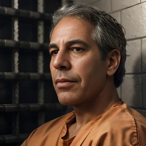 Jeffrey Epstein wearing an ((orange jumpsuit)), (((sitting in a prison cell))), iron bars, sharp focus, ((wide angle 35mm)), (atmospheric lighting), night sky, moonlight coming through window, volumetric lighting, specular lighting, moon beams, raytracing, subsurface scattering, raycast, prison grounds background, eyes looking at camera, sharp focus, extreme focus, super detailed focus, extreme bokeh, night sky, ambient light, volumetric lighting, raytracing, reflection, refraction, subsurface scattering, raycast, raycasting, moon beams, hdr, sharp focus, extreme focus, super detailed focus, dof, extreme dof, bokeh, extreme bokeh, high quality, highest quality, 8k, 16k, photorealistic, photoreal