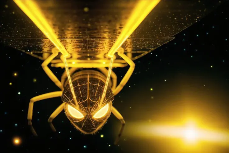 glowing yellow spider eyes in space, looking down at you from on high, nightmare planet, best quality, highly detailed, professional color grading, film grain, atmosphere, wondrous, 8k resolution, hyper realistic,