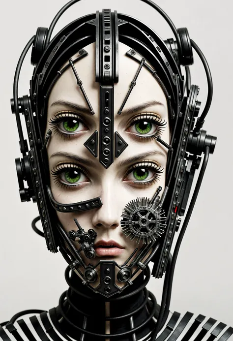 image of a futuristic woman in a robotic head gear, in the style of dark white, neon colors, and dark black, influenced by ancient Chinese art, audio-visual installations, dada-inspired sculptures, steelpunk, symmetrical design