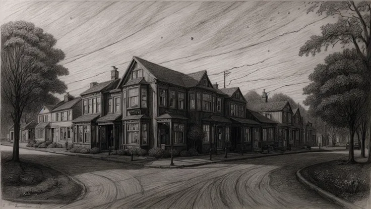 (black and white pencil drawing:1.2),highly detailed elaborate high-contrast deep-perspective street in a steampunk town, (pipes and furnaces:1.1), night sky, starry sky, clock tower and trees, lonely victorian house laboratory greenhouse with large windows, <lora:epi_noiseoffset2:1> <lora:add_detail:1>