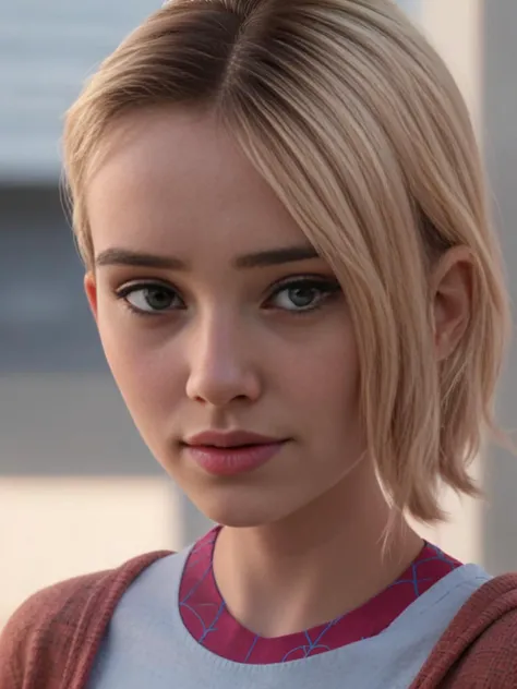 (best quality, masterpiece:1.4), ((photorealistic:1.6)), ((Gwen Stacy in real life)), sgwen, Spider-Gwen, Spider-Woman, in real life, (perfect female figure), close up, perfect face, highly detailed eyes, beautiful, very sexy, ((very young)), kid, hoodie, ((bangs:1.3)), ((asymmetrical hair)), ((shaved head on one side)), ((hair to one side:1.3)), blonde hair, pink hair tips, ((parted lips:1.2)), looking at viewer, bokeh, <lora:gwenv1:.7>