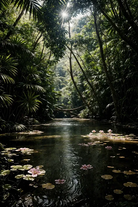 photo , photography, Fujifilm XT3 Viltrox, ((very detailed)), sharp focus, best quality, (bright sunny sky), beautiful landscape, rainforest, jungle, stream, water ripples reflections, (small river pond), hut, stunning nature environment, high contrast, cinematic (lights), backlight, shadows, (lens flare:0.8), vibrant colors, colorful, Passion Pink flowers and leaves, <lora:Detail Tweaker LoRA add_detail:1><lora:depth_of_field_slider_v1:5> <lora:SDXLrender_v2.0:0.9>