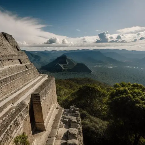epic composition, award winning photo, ancient mayan ruins, at the top of a mountain, landscape, cinematic, low angle shot, 8k, 4k, best quality, intricate details, highres, (saturation:0.5),