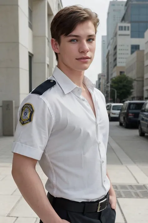 realistic, sfw, an attractive 18 years old fit caucasian boy standing, smug, full body shot, police uniform, <lora:thomasd-v1:0.7>, thomasd,