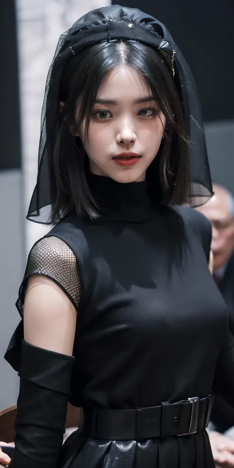 1girl, all black outfit, fishnet veil, hair ornament, formal dress, close up, in focus, at a funeral, (photorealistic:1.4), raw photo, best quality, masterpiece, ultra high res <lora:makina69_ryujin_v1.2:1>