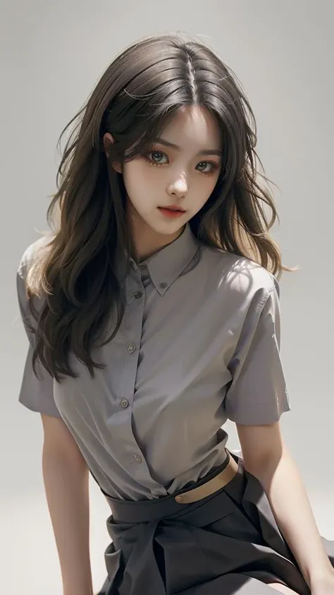 <lora:makina69_ryujin_v1.2:1>  face, masterpiece, best shadow,(photorealistic:1.3),collared shirt,  and flared skirt as material, makeup, warm tone, soft light,narrow waist, simple background, grey background,