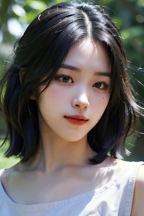 1girl, solo, realistic, black hair, portrait, looking at viewer, black eyes, lips, closed mouth, close-up, hair between eyes, masterpiece, (upper body:1.2), (photorealistic:1.3), forest, (narrow waist), smile