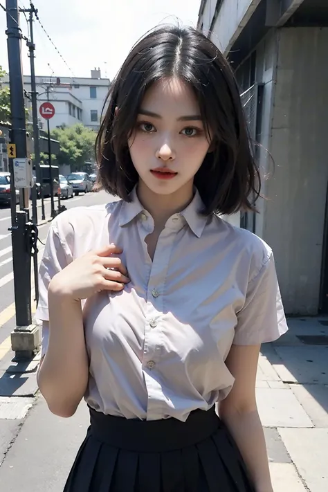 (1girl:1.3),(solo:1.4),(half body:1.3),delicate, masterpiece, best shadow,(photorealistic:1.3),__collared_shirt and flared_skirt as material__,__outdoor__, makeup, warm tone, soft light,narrow waist, (flat breast)