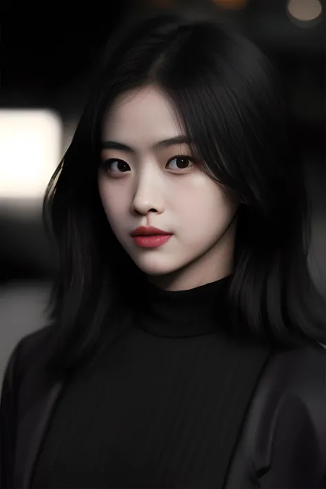 Deep photo, depth of field, analog camera, high contrast, shadows, portrait of a beautiful asian girl, messy fluffy hair, wolfcut, street background, black shirt, accessories, nighttime, dimly lit, dark, b&w, nighttime, dark photo, (grainy:1.2), dimly lit, b&w, instagram model,elegant pose, looking to the right, ((dynamic pose)), bokeh, beautiful eyes, symmetrical face, <lora:makina69_ryujin_v1.2:1>