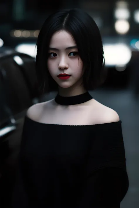 Deep photo, depth of field, analog camera, high contrast, shadows, portrait of a beautiful girl, messy short hair, accessories, dark photo, (grainy:1.2), dimly, elegant pose,bokeh, <lora:makina69_ryujin_v1.2:1>