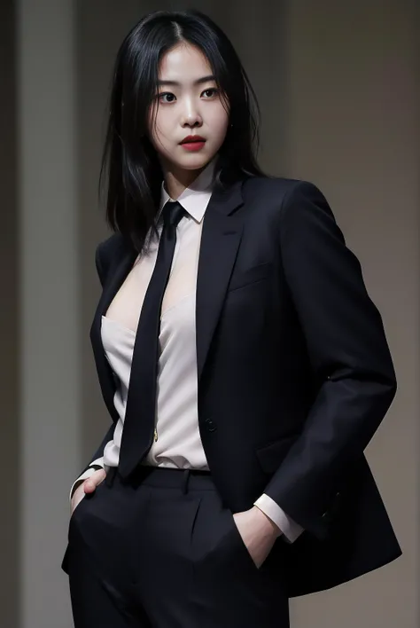 1girl, wearing only formal jacket,nacked body, formal suit, elegant, formal pants, magazine photoshoot, professional photo, hands in pockets, close up, waist up shot, volumetric lighting, portrait, best quality, masterpiece, <lora:makina69_ryujin_v1.2:1>