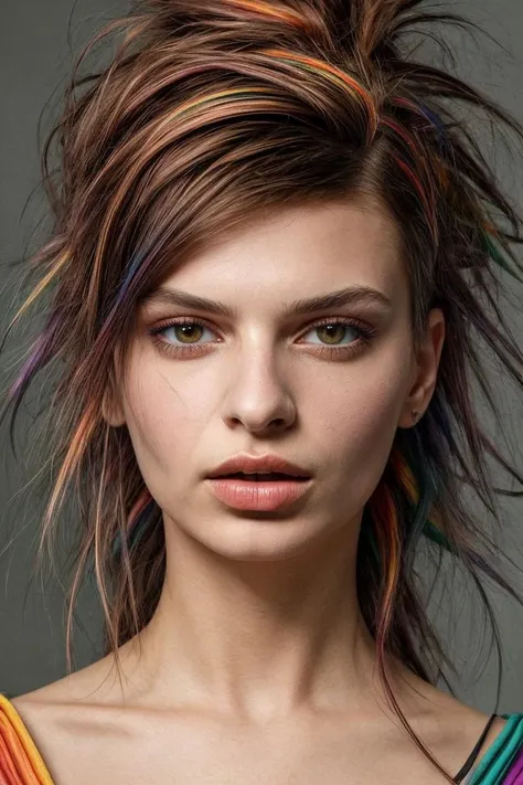 masterpiece, stunning portrait photo of rtjk, by Flora Borsi, style by Flora Borsi, bold, bright colours, (rainbow Mohawk hair:1.11), (Flora Borsi), <lora:EmilyRatajKowskiDogu-000120:1>