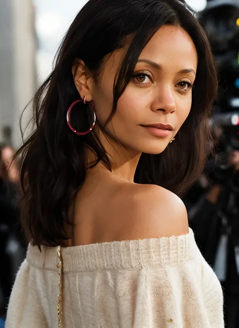 photo of beautiful (thandie newton), a woman with long beautiful hair, as a movie star in a (movie premiere), premiere gala, (near a movie theatre), natural skin texture, (elegant Cerise sweater off-shoulder with a strap), 24mm, 4k textures, soft cinematic light, adobe lightroom, photolab, hdr, intricate, elegant, highly detailed, sharp focus, ((((cinematic look)))), soothing tones, insane details, intricate details, hyperdetailed, low contrast, soft cinematic light, exposure blend, hdr, faded, (paparazzi in background), (hoop earrings) <lora:Thandie Newton:0.6>