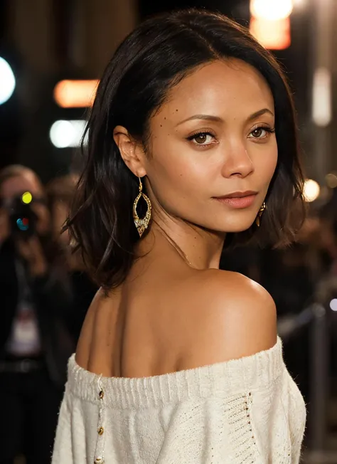 photo of beautiful (thandie newton), a woman with long beautiful hair, as a movie star in a (movie premiere), premiere gala, (near a movie theatre), natural skin texture, (elegant Racing Red sweater off-shoulder with a strap), 24mm, 4k textures, soft cinematic light, adobe lightroom, photolab, hdr, intricate, elegant, highly detailed, sharp focus, ((((cinematic look)))), soothing tones, insane details, intricate details, hyperdetailed, low contrast, soft cinematic light, exposure blend, hdr, faded, (paparazzi in background), (hoop earrings) <lora:Thandie Newton:0.6>