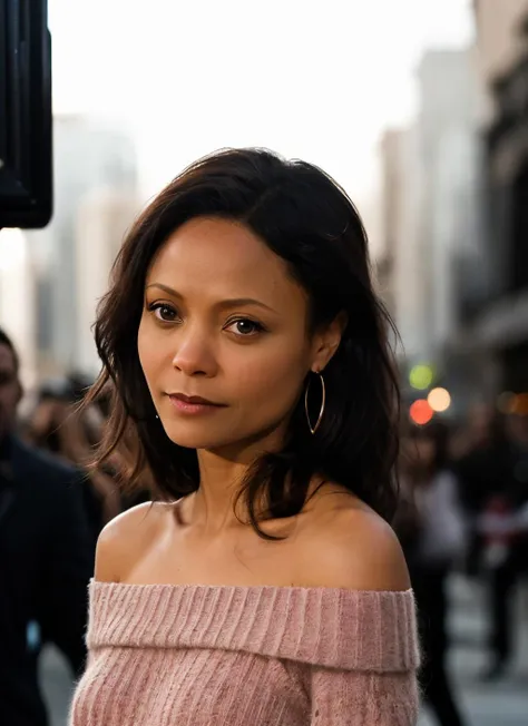 photo of beautiful (thandie newton), a woman with long beautiful hair, as a movie star in a (movie premiere), premiere gala, (near a movie theatre), natural skin texture, (elegant Dark Pink sweater off-shoulder with a strap), 24mm, 4k textures, soft cinematic light, adobe lightroom, photolab, hdr, intricate, elegant, highly detailed, sharp focus, ((((cinematic look)))), soothing tones, insane details, intricate details, hyperdetailed, low contrast, soft cinematic light, exposure blend, hdr, faded, (paparazzi in background), (hoop earrings) <lora:Thandie Newton:0.6>