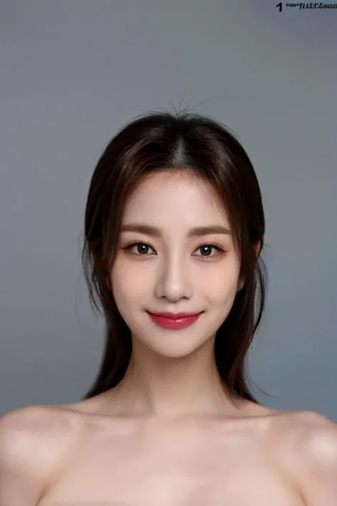 (masterpiece, top quality, best quality, (close-up photograph: 2), ((1girl)), fair skin, (((closed lips))), small eyes, (extremely detailed face), looking straight, ultra-detailed eyes and pupils, ((bare pectorals)), ((bare chest)), bare head, nude dress, (((bare shoulders))), symmetrical frame, ((strapless)), (((smile))), ((symmetrical pose)), looking at viewer, (((looking at viewer))), (symmetrical face: 1.6), 35mm, simple grey background, ((studio lighting)), no watermark, ((medium brown hair)), <lora:hayounglorashy:1>