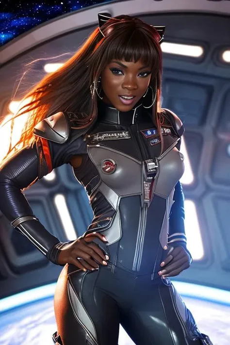 A photo of  anafoxxxv2-4200 ((wearing a space admirals uniform)), on a spaceship bridge, dynamic pose, rim lighting, dramatic lighting, bokeh, actionhelper, aslanscifi-v1, DaveSpaceFour