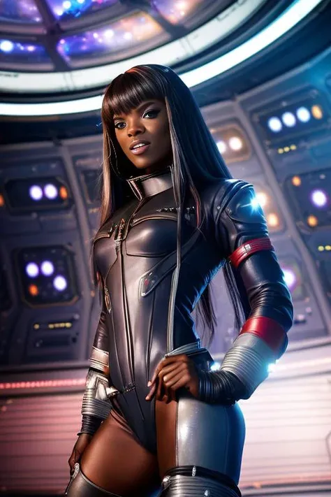 A photo of anafoxxxv2-4200 ((wearing a space admirals uniform)), on a spaceship bridge, dynamic pose, rim lighting, dramatic lighting, bokeh, actionhelper, aslanscifi-v1, DaveSpaceFour