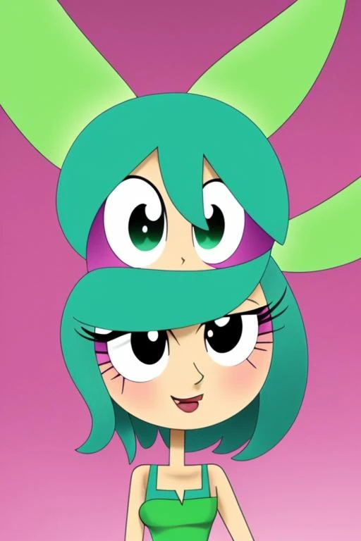 (masterpiece, best quality, high resolution:1.4), 1girl, woman, star butterfly, purple squid outfit, looking at viewer , green hair