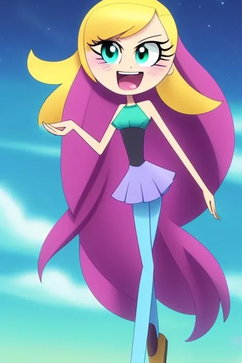 (masterpiece, best quality, high resolution:1.4), 1girl, woman, star butterfly, purple squid outfit, looking at viewer , green hair