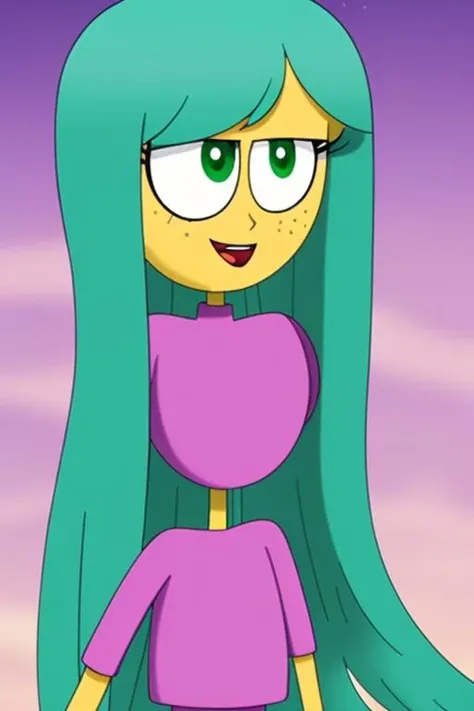 (masterpiece, best quality, high resolution:1.4), 1girl, woman, star butterfly, purple squid outfit, looking at viewer , green hair