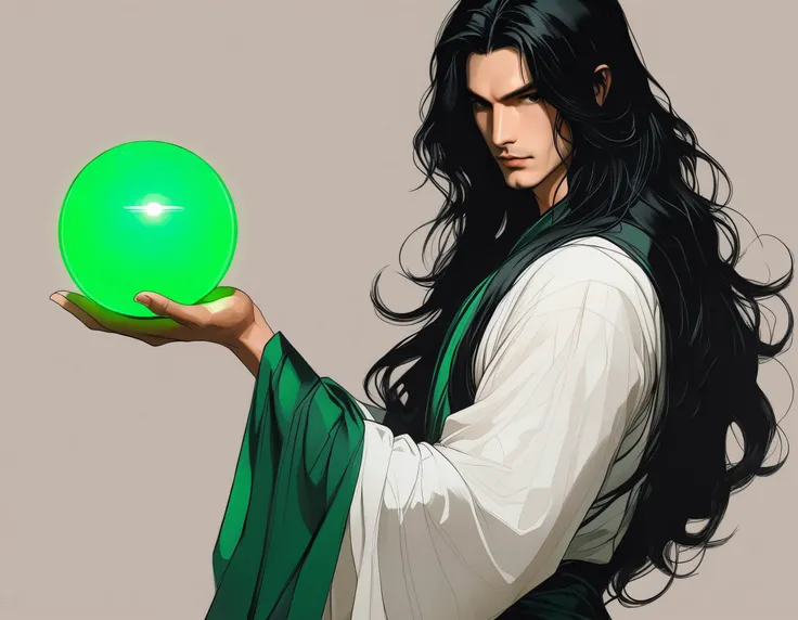A man with long black hair is holding a glowing green ball, masterpiece