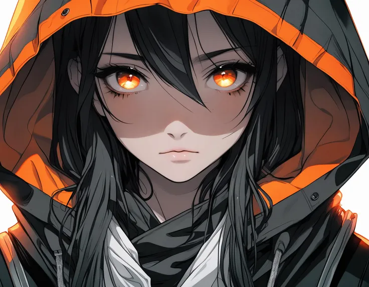 Anime girl with long black hair and orange eyes. The girl has a black jacket on with a hood over it. The hood is draped over the girl's head. The eyes are glowing orange. The hair is long and straight and black. The background is white. The girls face is pale and has a sad expression on it