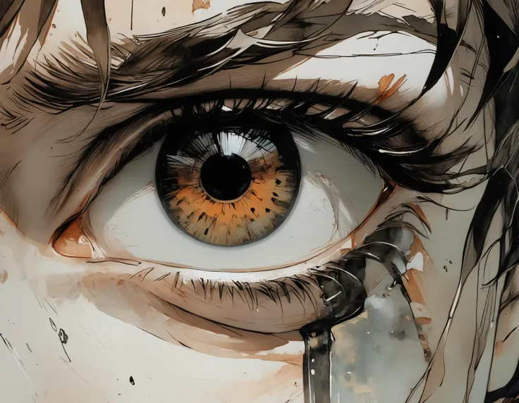 close-up of a character's intense eyes with a mix of brown and white hues and a hint of reddish-brown iris, masterpiece, anime studio, By YMji Shinkawa