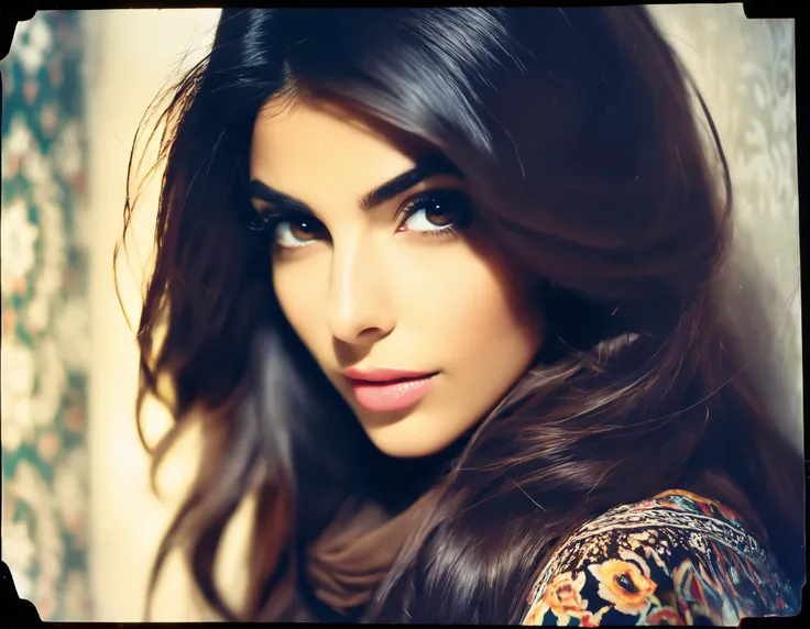 Toy camera style portrait of a Iranian woman with long brown hair, plastic lense, snapshot, high contrast ,whole body, midnight,flash
