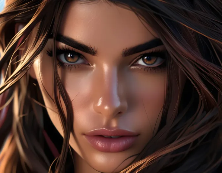 A woman with long brown hair intense eyes and dark lipstick is captured in a close-up shot with strands of hair covering part of her face, realistic, unreal engine 5, best quality