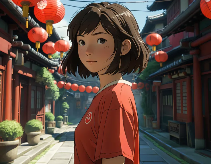 Subject: studio ghibli spirited away Chihiro Ogino character in her mid 20s looking in real life, wearing red kinomo, Position: front view angle, wide angle, full body, Lighting: ray natural lighting from the back Time of Day: daylight, morning dew, Textures: smoky light Atmosphere: cool futuristic, natural, Photo Type: unreal engine, hyperrealistic, Camera: leica, cinematography Filmstock: kodak ektachrome