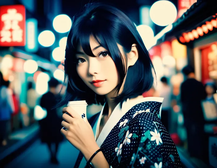 Toy camera style portrait of japanese woman, plastic lense, snapshot, high contrast ,whole body, midnight,flash