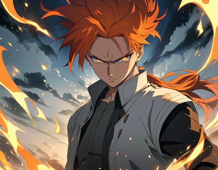 anime character with fiery orange hair and intense eyes surrounded by flames. The character appears to be in a powerful or aggressive stance, masterpiece