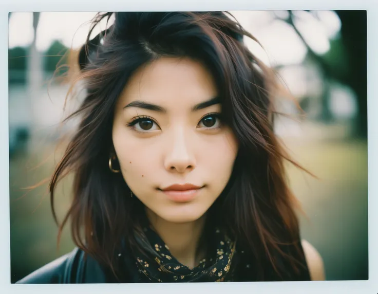 japanese 27 years old woman portrait, in the style of instant film, Fujifilm Pro 400H film, color negative film, add noise, grain, ratcore, contax tix, collaborations and collectives, europunk, black and amber, shiny eyes
