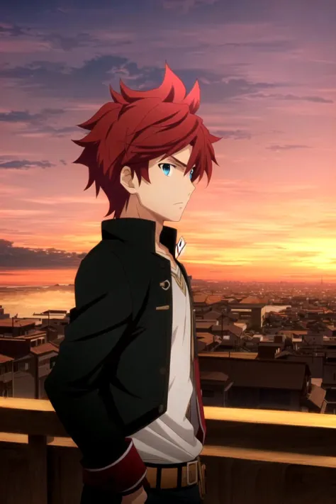 ufotable style, 1boy, hand in pocket, from side, looking at viewer, messy hair, sunset, cityscape, expressionless, upper body, red hair, blue eyes,
<lora:ufotable_lycoris_v4:1>