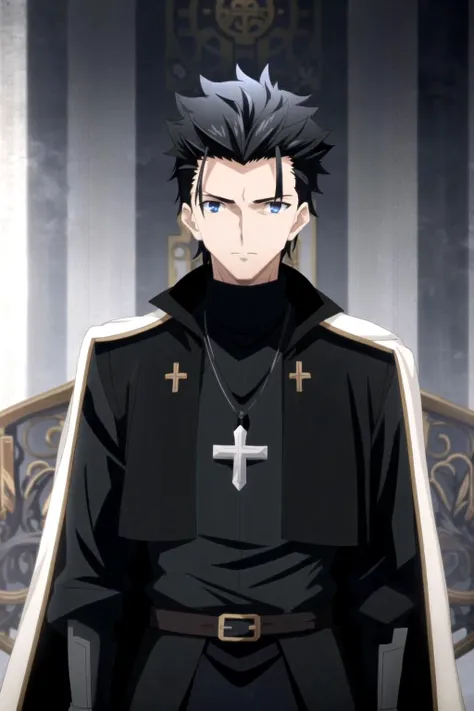 ufotable style, 1boy, black capelet, black jacket, church, cross, cross necklace, white gloves, priest, light rays, darkness, hair slicked back, solo, dark blue hair, streaked hair,
<lora:ufotable_lycoris_v4:1>