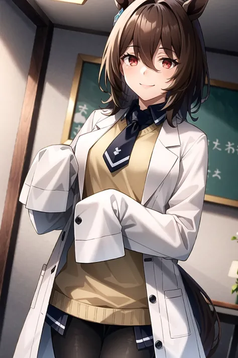 ((masterpiece, best quality)), 1girl, smile,
agnes tachyon \(umumusume\), horse girl, horse tail, brown hair, red eyes,
standing,
labcoat, black pantyhose, sleeves past fingers, yellow sweater, black necktie, black shirt, sleeves past wrists, sleeves past fingers
<lora:agnesTachyonUmamusume_v10:0.6> <lora:ufotableStyle_v10:0.6>